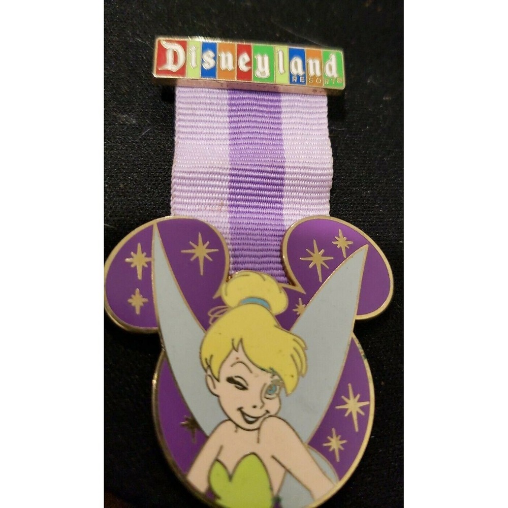 Disney Pin Tinker Bell Disneyland Marquee Medal Purple Cloth Ribbon 2007 53211